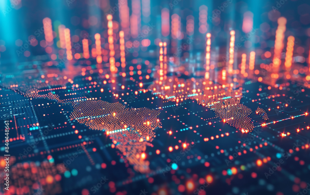 Poster futuristic digital landscape with glowing data points and graphs representing global connectivity an