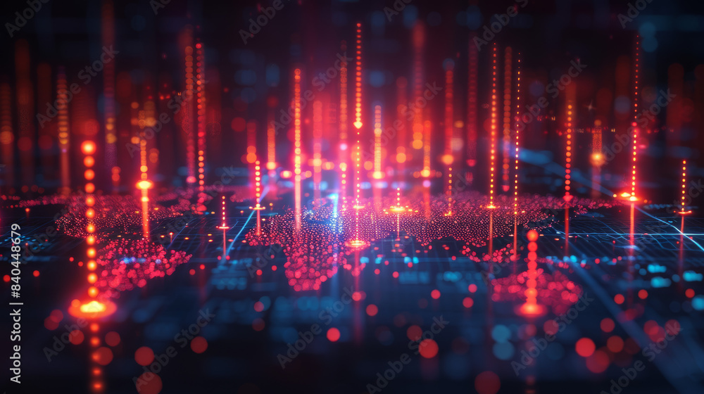 Poster futuristic digital world map with glowing data points and abstract technology background, representi