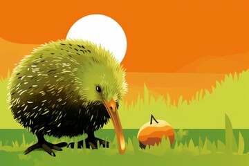 Unique Kiwi bird illustration merging with stylized kiwi fruit on a vibrant green background.