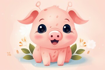Fototapeta premium Adorable pig cartoon clipart for nursery decor, childrens books, and party decorations. Original illustration on isolated background.