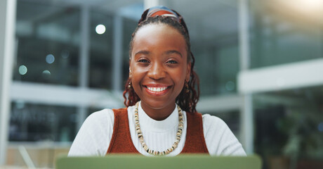 Happy, black woman in business and portrait for pride and confidence in career as journalist at office. Smile, female person or editor in news startup for free information and access to knowledge