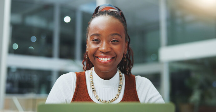 Happy, black woman in business and portrait for pride and confidence in career as journalist at office. Smile, female person or editor in news startup for free information and access to knowledge