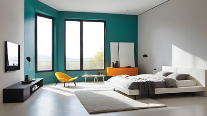 Fototapeta premium Colorful minimalist modern stylish bedroom. Generative AI