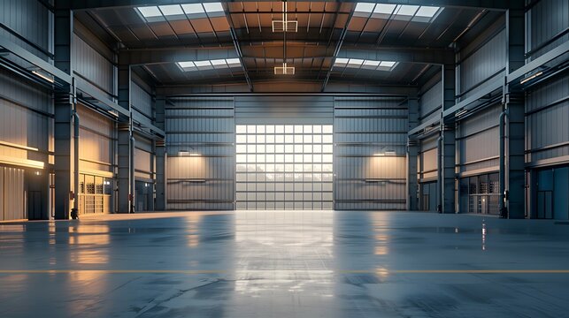 A modern warehouse with an open roller door, representing the aspects of commercial garage doors for industrial buildings. The background is a clean and empty parking lot area.