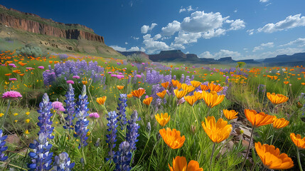 Fototapeta premium A vibrant nature mesa landscape with wildflowers blooming along the rocky ledges