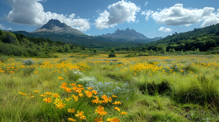 A vibrant nature montane grassland landscape with a variety of plant species creating a lush environment