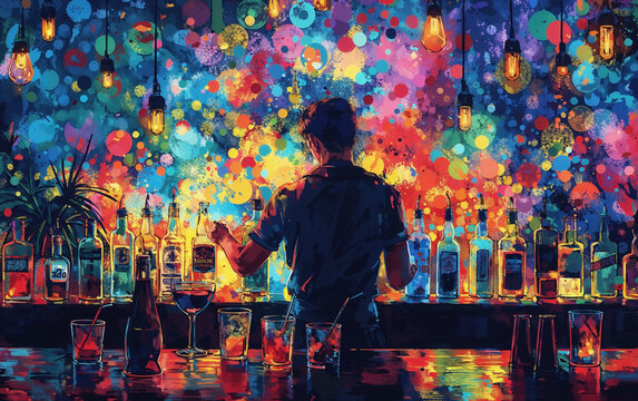Bartender preparing a cocktail in a colorful bar with bokeh effect