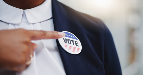 Hand, pointing and vote badge with support for choice of election committee or political campaign....