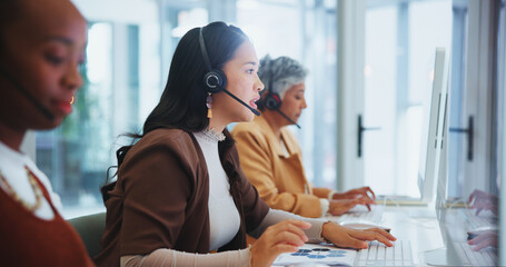 Woman, call centre and headphone for help in office, telemarketing or customer service of client...