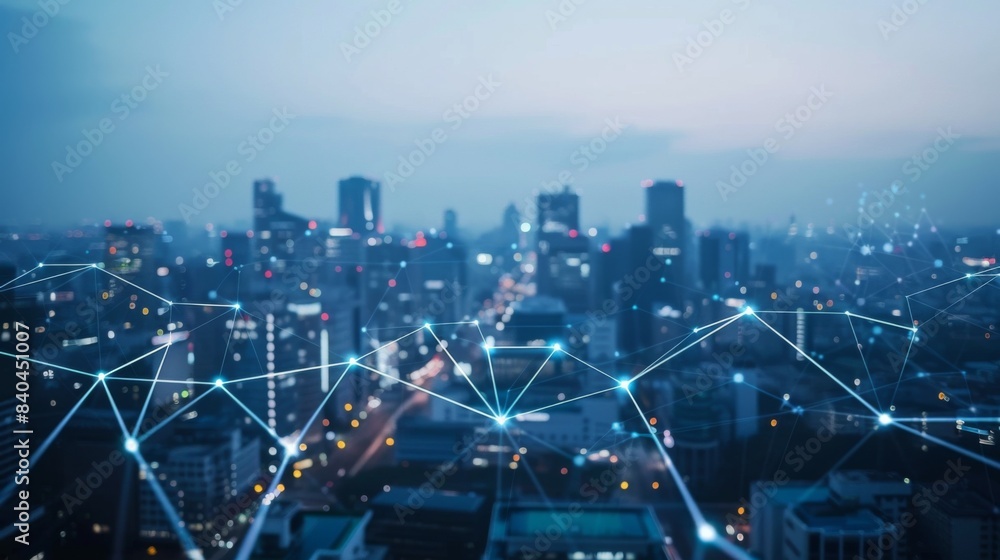 Poster network connection line between building over of cityscape background network and connection concept