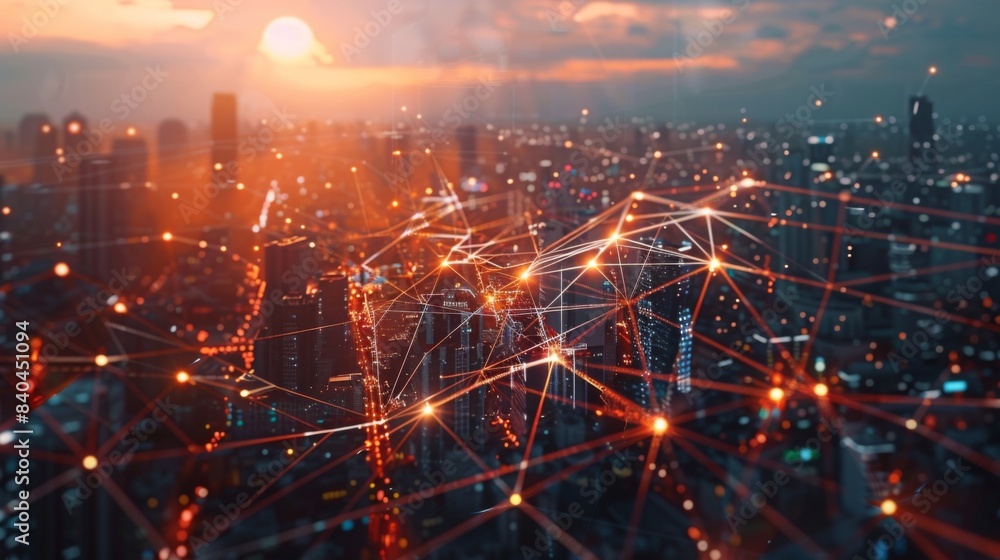 Poster Network connection line between building over of cityscape background network and connection concept