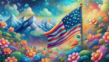 oil painting style cartoon illustration Celebrate Independence Day with a lovely American flag.