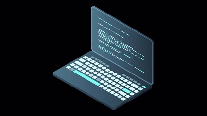 Isometric laptop animation. 3d isometric laptop computer. Abstract programming language and program code on a laptop screen. Transparent background with alpha channel