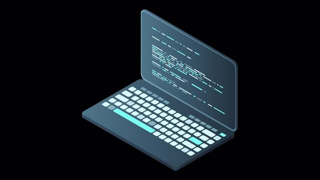 Isometric laptop animation. 3d isometric laptop computer. Abstract programming language and program code on a laptop screen. Transparent background with alpha channel