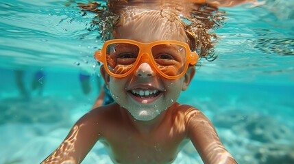 Naklejka premium Laughing kid in sunglasses in the sea, underwater view, blue sky