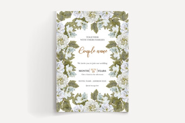 WEDDING INVITATION FRAME WITH FLOWER DECORATIONS AND FRESH LEAVES 