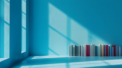 A row of books on the right side with a blue background in the style of flat lay photography and in a minimalistic style.