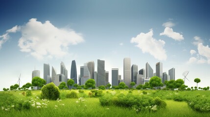 Fototapeta premium A digital illustration depicting a modern city skyline featuring eco-friendly buildings, lush greenery, and wind turbines