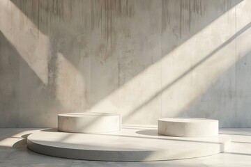 Circular concrete podiums in a room with sunlight, simplistic background, perfect for showcasing products.