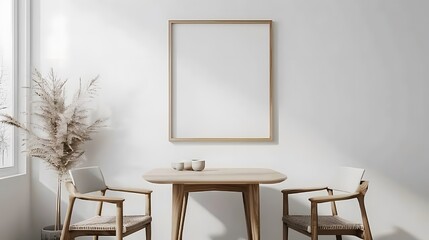 A simple dining table with two chairs, a wooden frame on the wall above it. The picture frame is white with no text or pictures inside.