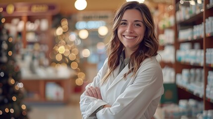 A smiling female pharmacy technician in a white coat standing inside a drug store, a copy space concept background for advertising about health care and spa service advertisement.