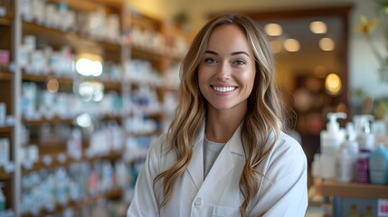 A smiling female pharmacy technician in a white coat standing inside a drug store, a copy space concept background for advertising about health care and spa service advertisement.