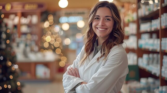 A smiling female pharmacy technician in a white coat standing inside a drug store, a copy space concept background for advertising about health care and spa service advertisement.