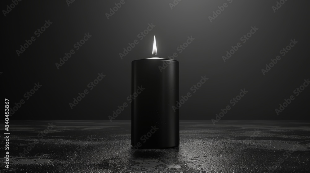 Poster single, black, cylindrical candle with a lit wick, casting a soft glow and creating a pattern of lig