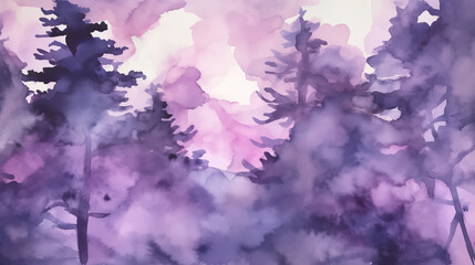 A watercolor painting of a forest with purple trees and a soft, dreamy sky
