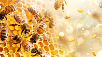 A group of bees on honeycomb, surrounded by gold particles and small pieces of broken golden powder, on white background