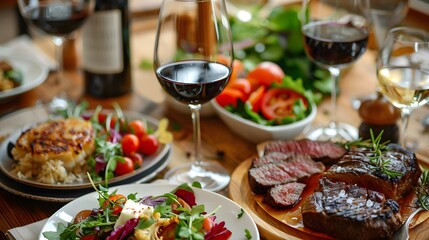 A table set with an array of delicious dishes, including steaks and salad, is captured in the photo. The setting includes glasses filled with red wine on wooden tables.