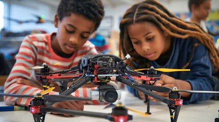 Middle school students building and programming drones as part of a STEM curriculum
