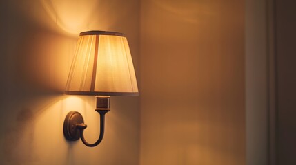 A wall lamp is shining on the left side of an empty beige room, illuminated by soft light from a single source. creating a cozy atmosphere.