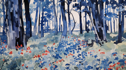 Watercolor painting of a forest landscape with tall, blue trees and a field of red and blue flowers