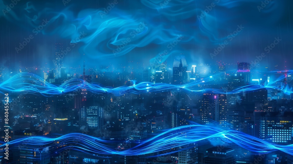 Aufkleber smart city and big data connection technology concept with digital blue wavy wires with antennas on 