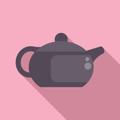Simple, flat design vector illustration of a dark teapot with a shadow, on a soft pink backdrop