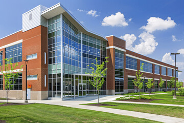 modern yellow school building with green grass and blue sky