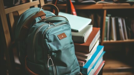 Fototapeta premium A neatly packed school bag with textbooks, notebooks, and a pencil case ready for the day