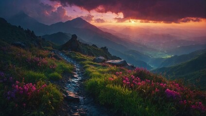 Beautiful, cloudy sunset in the mountains