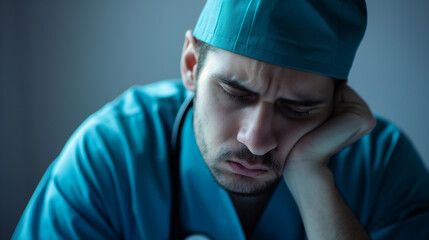 Médico deprimido com uma expressão de dor, mostrando sinais de estresse e exaustão