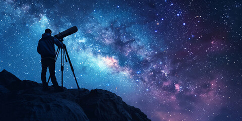 star gazing concept, silhouette of astronomer with telescope over star sky background