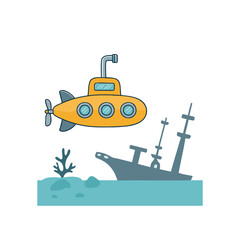 Submarine near a shipwreck doodle illustration