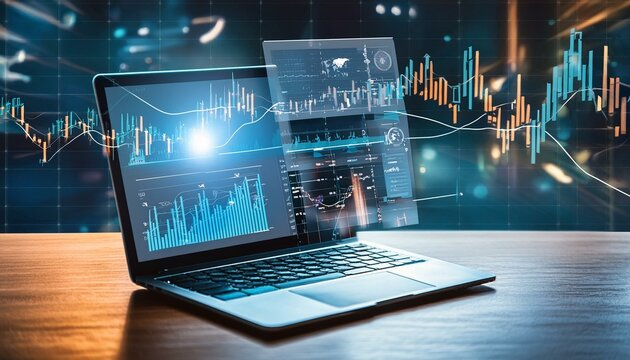 モニタと株価チャートノートパソコンテクノロジー