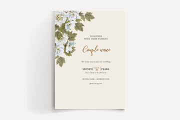 WEDDING INVITATION FRAME WITH FLOWER DECORATIONS AND FRESH LEAVES 