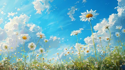 Meadow with daisies under a bright blue sky, cheerful and serene landscape, vibrant and natural beauty