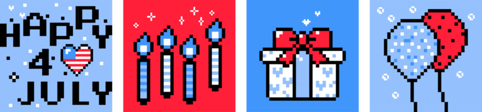 Pixel art USA Independence Day card set. 4th of July. American flag, balloon, candles, pixel icon. Y2k trendy playful pixelated stickers. 8 bit retro style vector illustration in white, red, blue