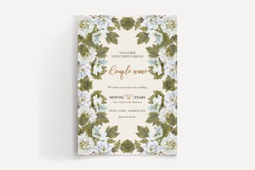 WEDDING INVITATION FRAME WITH FLOWER DECORATIONS AND FRESH LEAVES 