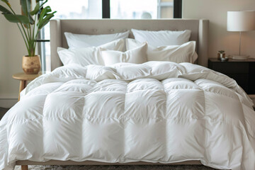 bed with white duvet and pillows in bright bedroom
