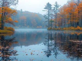 Tranquil lake surrounded by autumn foliage, reflections of colorful trees on the still water, serene and peaceful