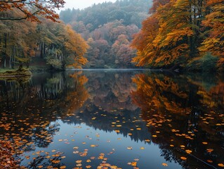 Naklejka premium Tranquil lake surrounded by autumn foliage, reflections of colorful trees on the still water, serene and peaceful